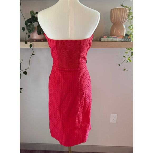 White House Black Market Hot Pink Strapless Eyelet Dress 6 Cotton Cocktail Party - Picture 2 of 7